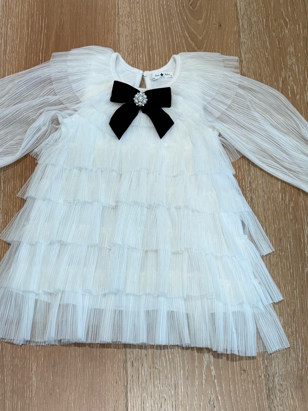 White Tulle Kids Dress with Black Bow, never worn.